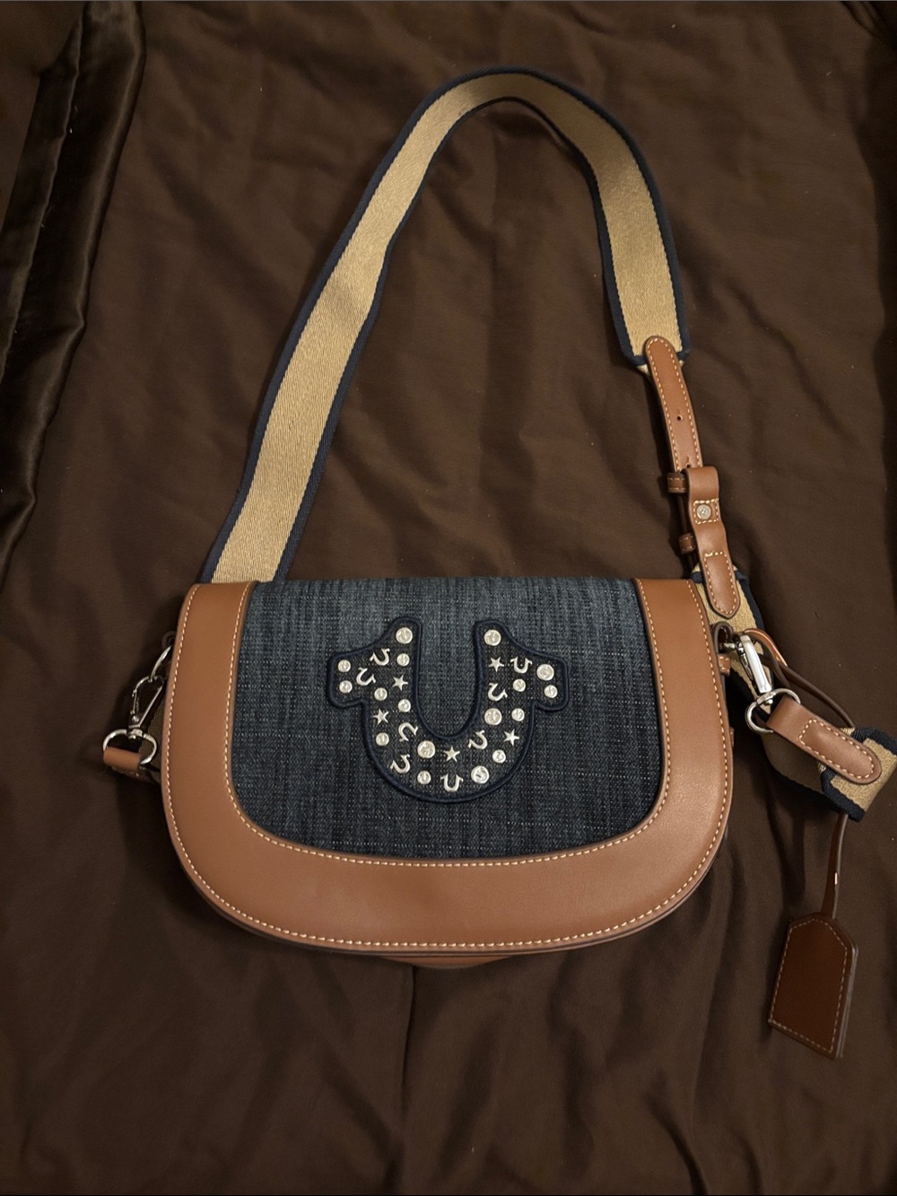 True Religion Denim and Brown Crossbody Bag with Studded Horseshoe